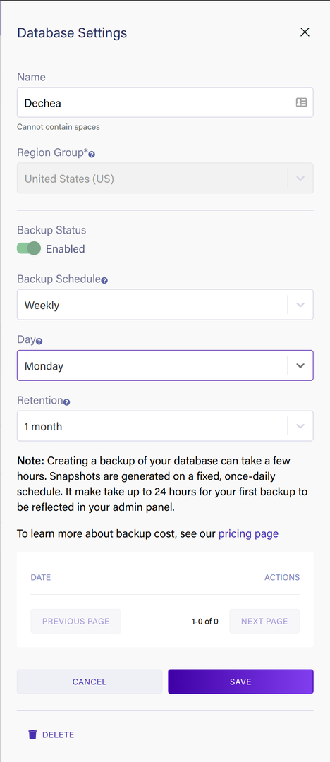 The database settings panel in the Dashboard, with backups enabled