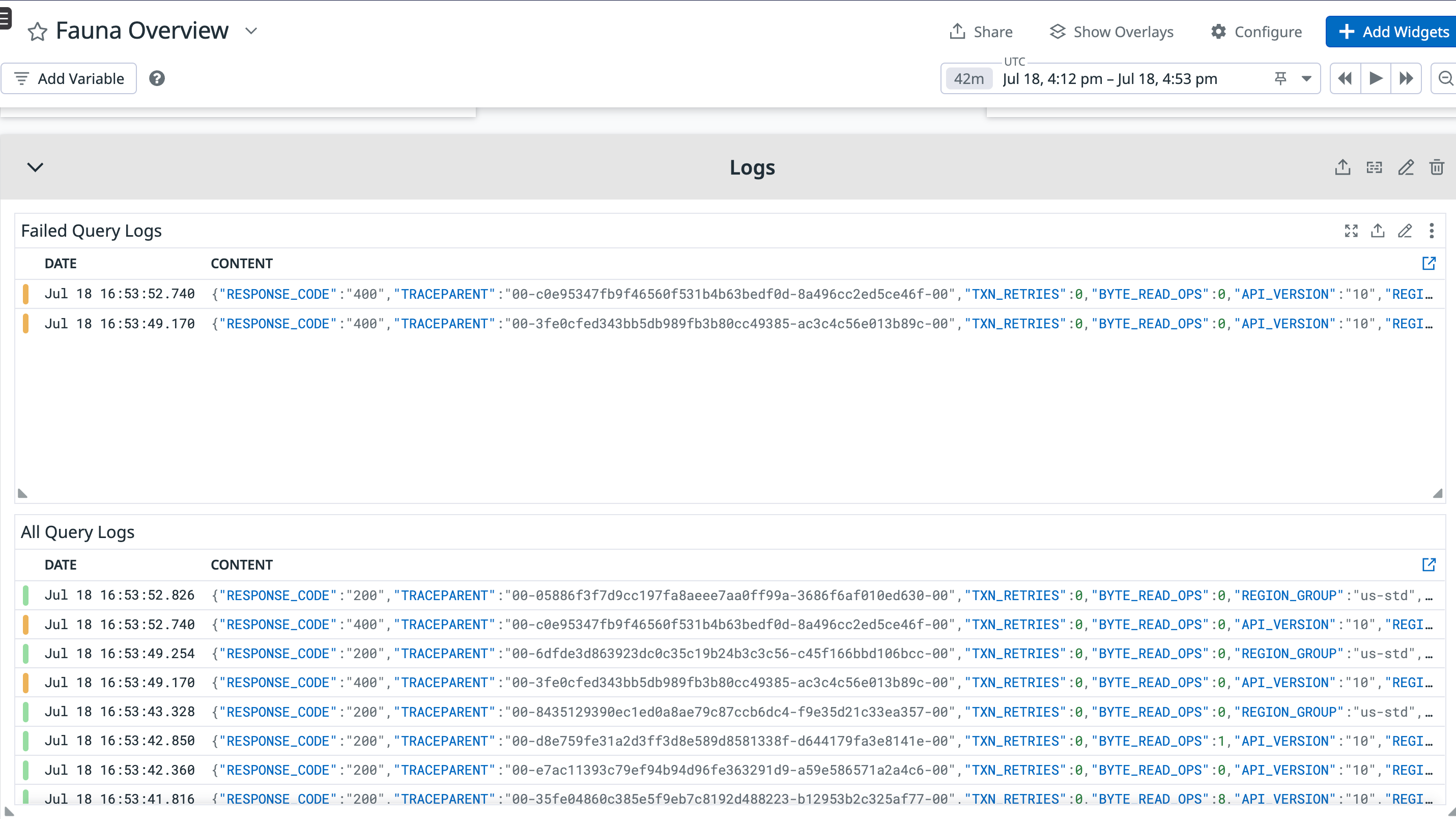 Datadog dashboard logs