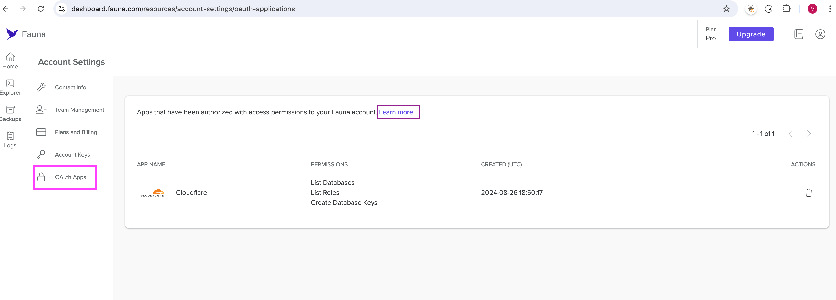 OAuth Apps in the Fauna Dashboard