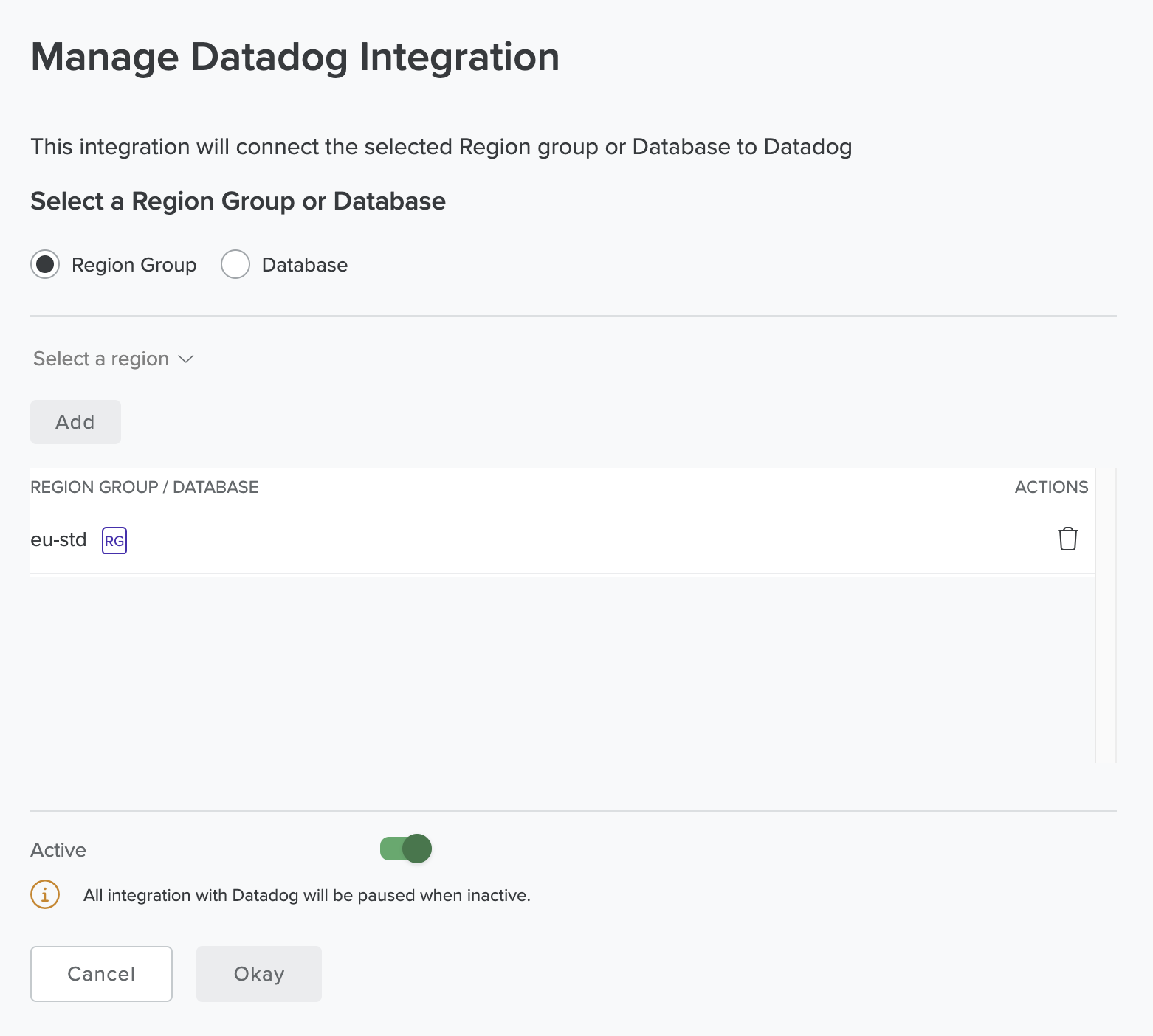 Manage Datadog integration modal