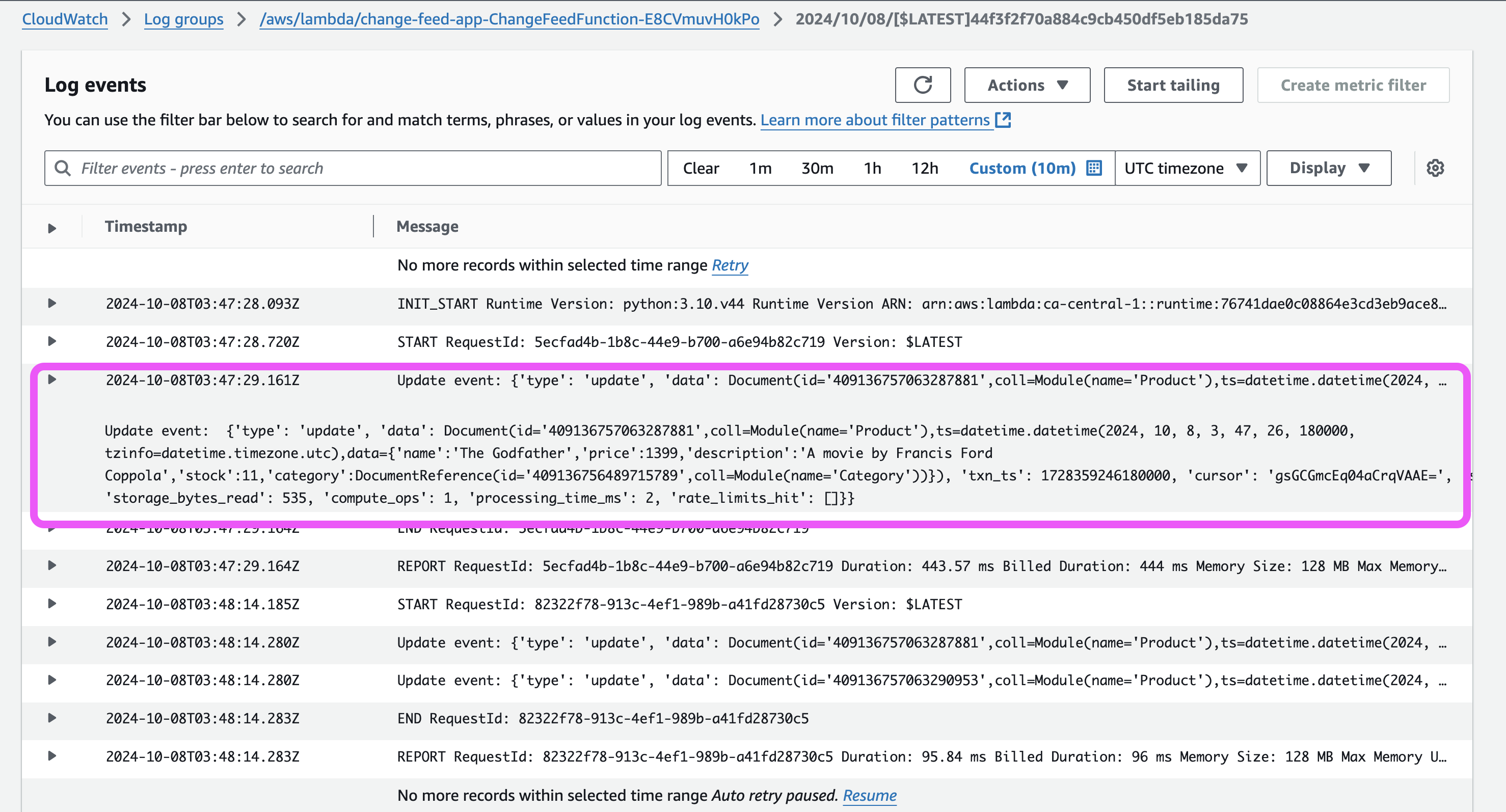 Cloudwatch logs showing the Event Feed