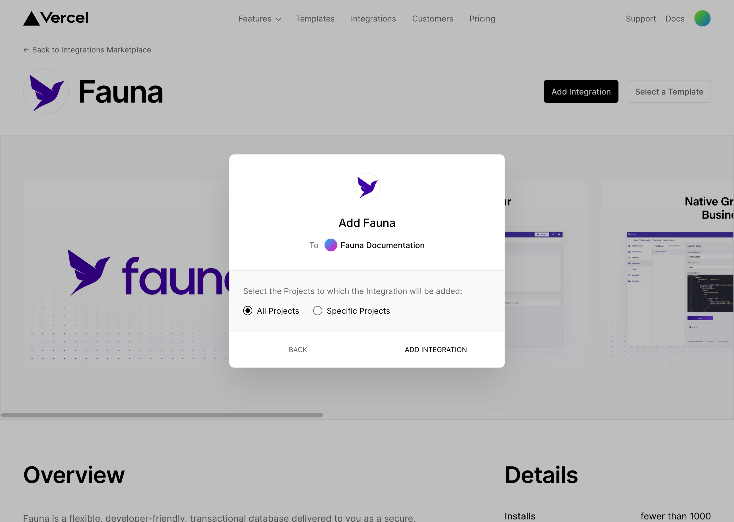 The Install Fauna dialog with project selection, on the Vercel site