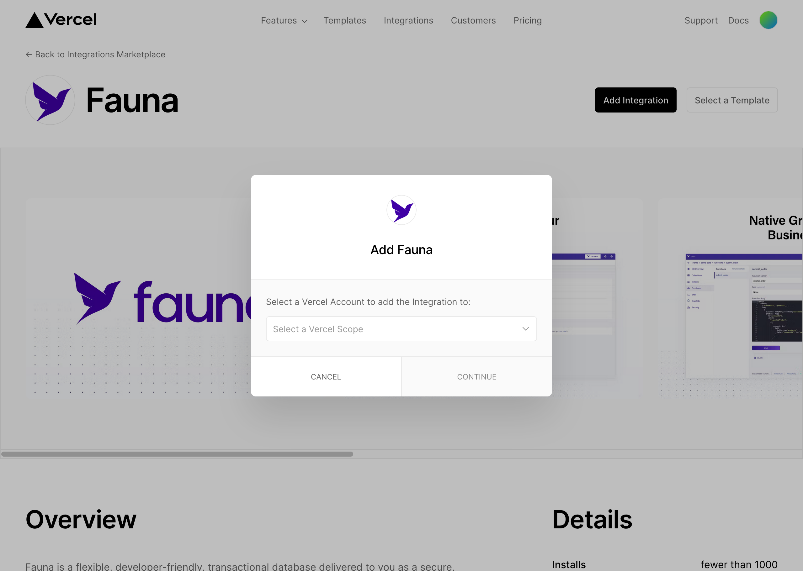 The Install Fauna dialog on the Vercel site