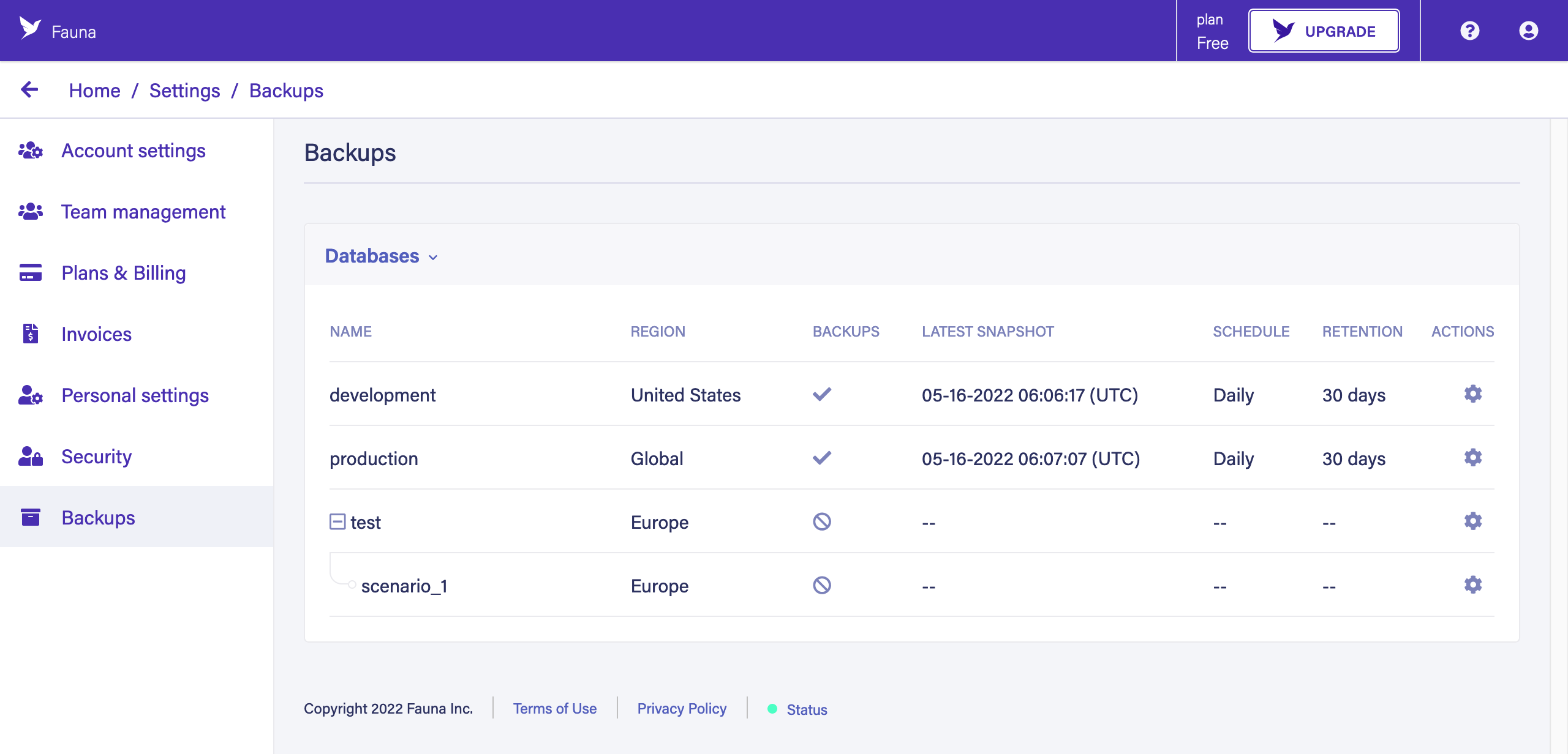The Backups overview page in the Dashboard