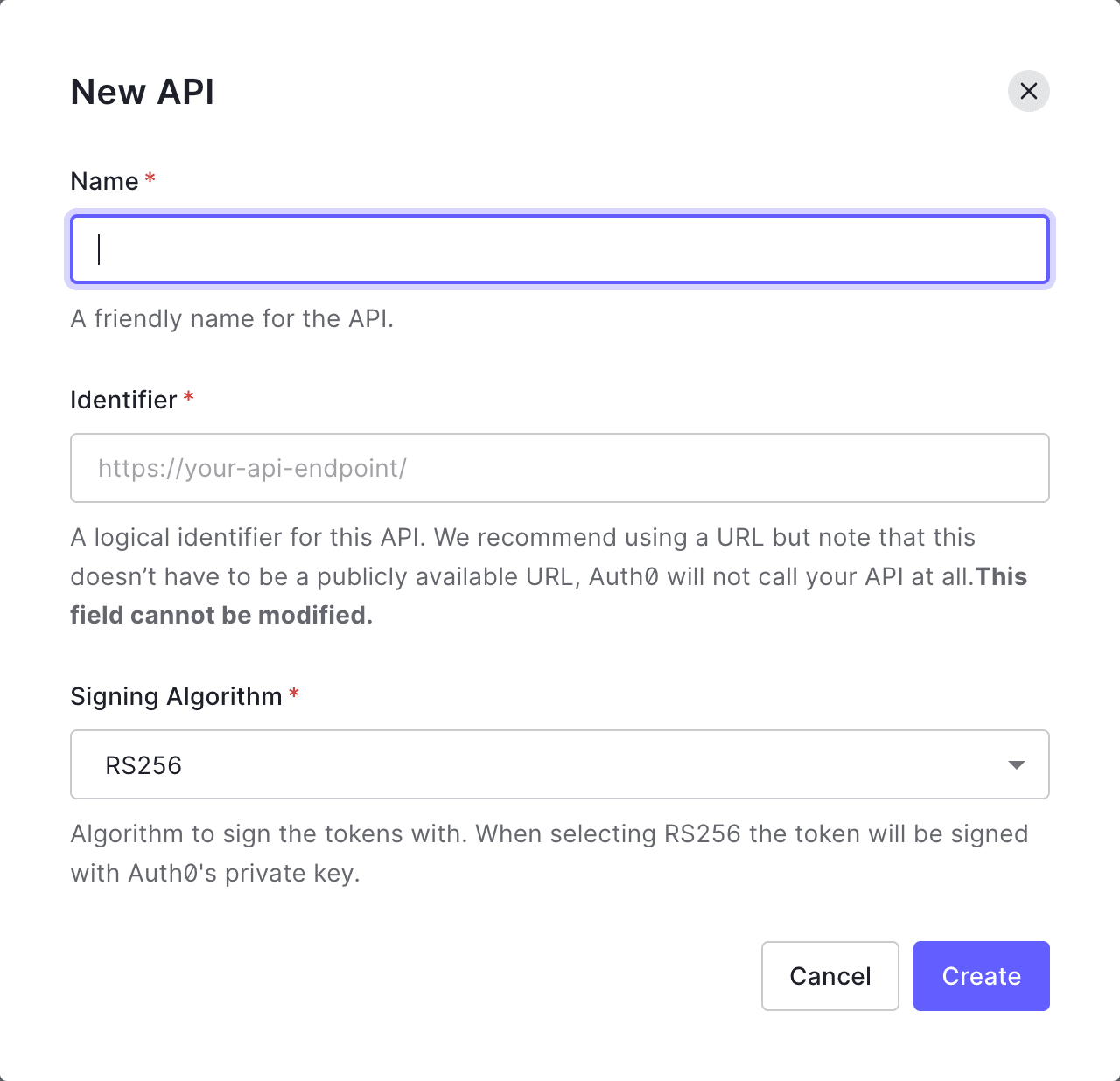 The New API screen in Auth0